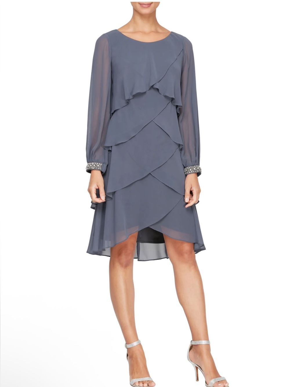 S.L. Fashions Slate Blue Layered Ruffle High-Low Dress Size 8